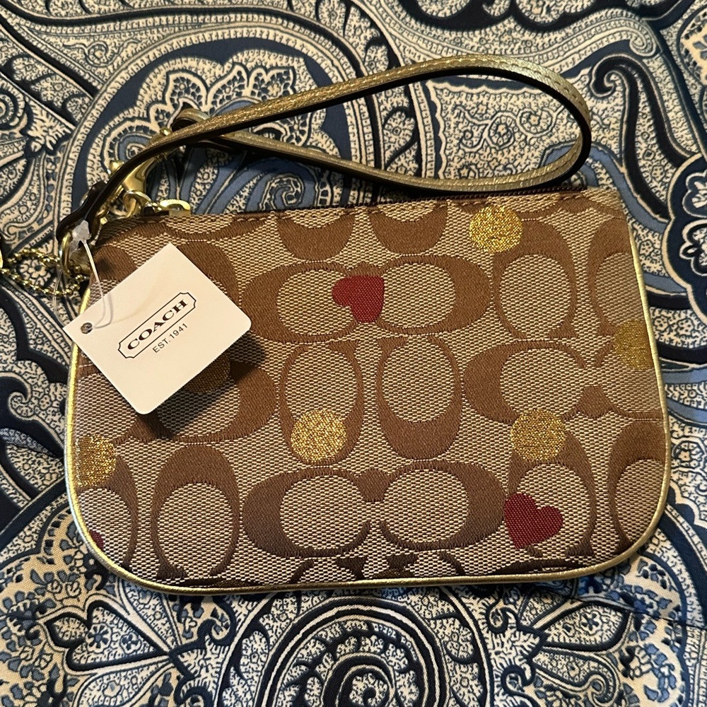 Coach Brown and Gold Wristlet with Heart Accents
